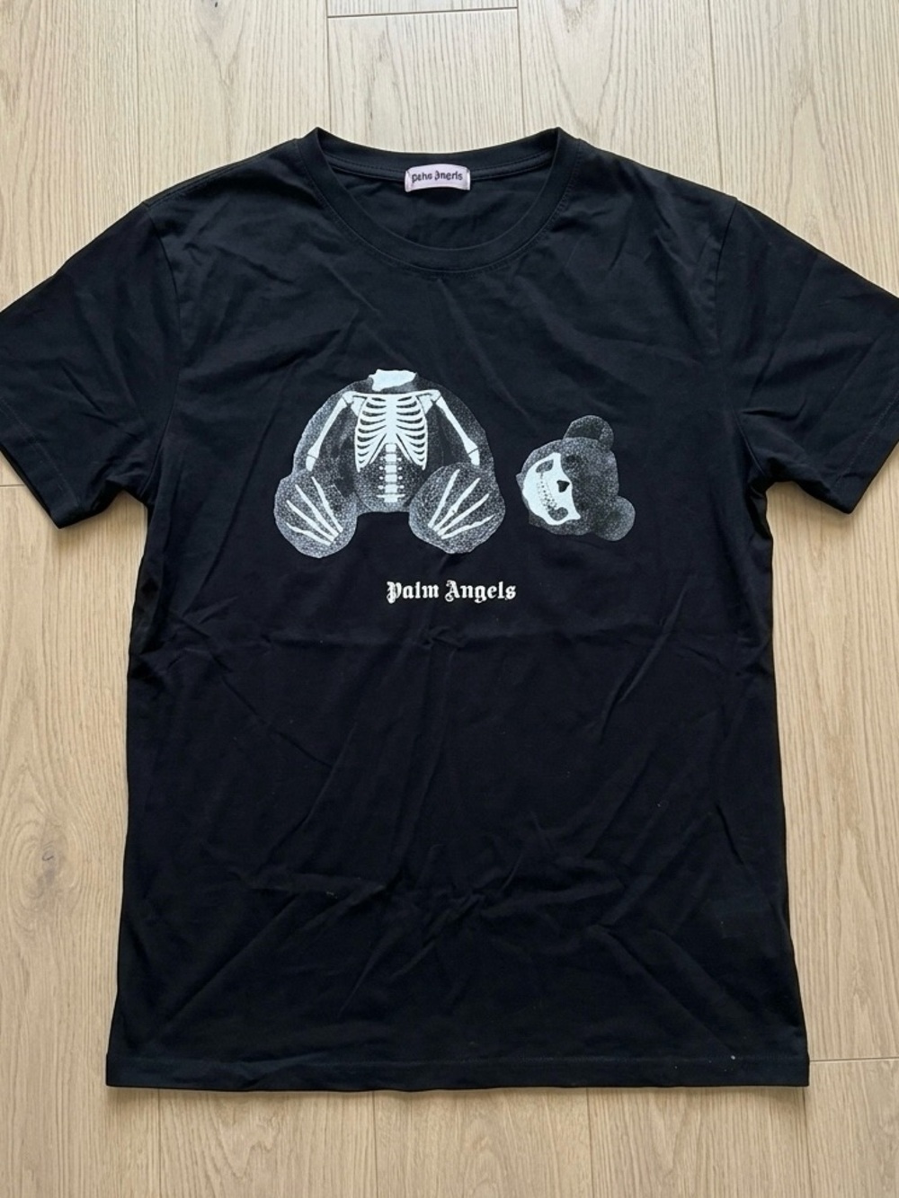 Palm Angels Black Tee with Deconstructed Skeleton Bear Graphic